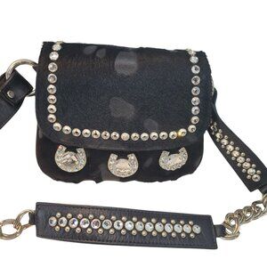 BB SIMON Black Leather Pony Hair Shoulder Bag Swarovski Crystal  COWGIRL UP!!